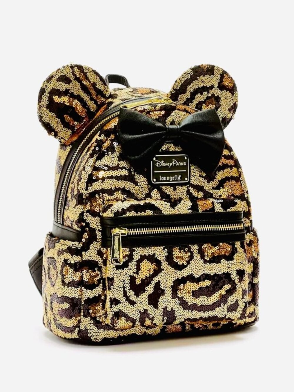 Sequined Animal Kingdom Black Gold Disney Loungefly Backpack w Bow EUC